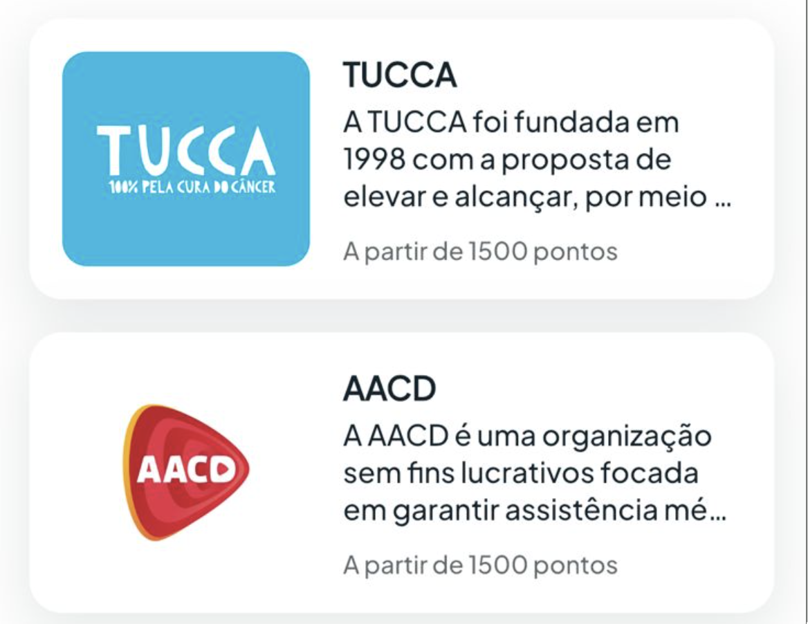 Lista de instituições parceiras para doação, incluindo TUCCA e AACD