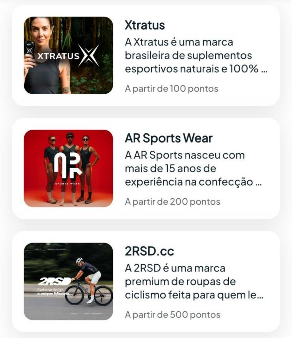 Lista de parceiros Gango, incluindo Xtratus, AR Sports Wear e 2RSD.cc, exibindo opções de resgates de bônus esportivos