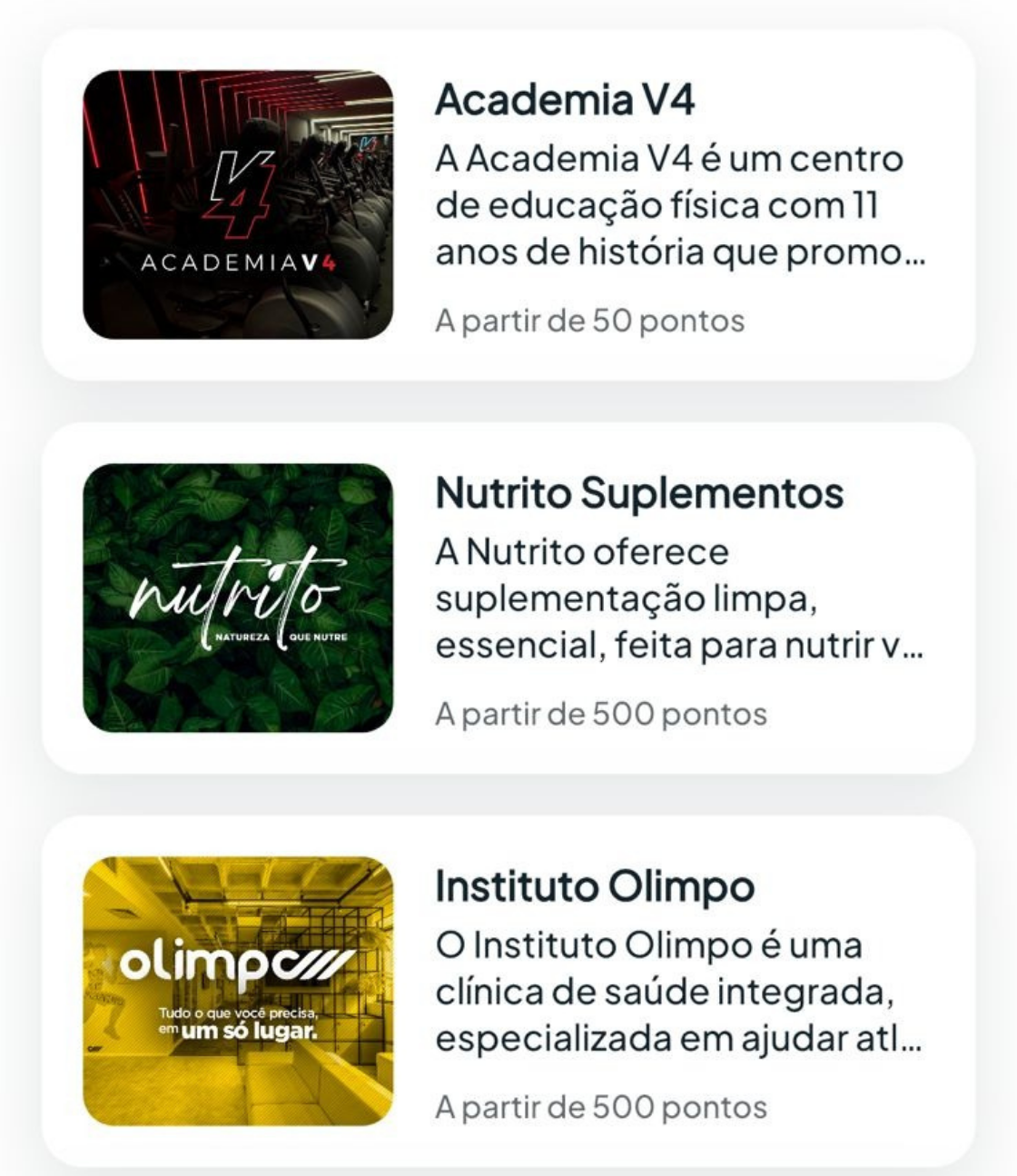 Lista de parceiros Gango, incluindo Academia V4, Nutrito Suplementos e Instituto Olimpo, exibindo opções de resgates de bônus de bem-estar