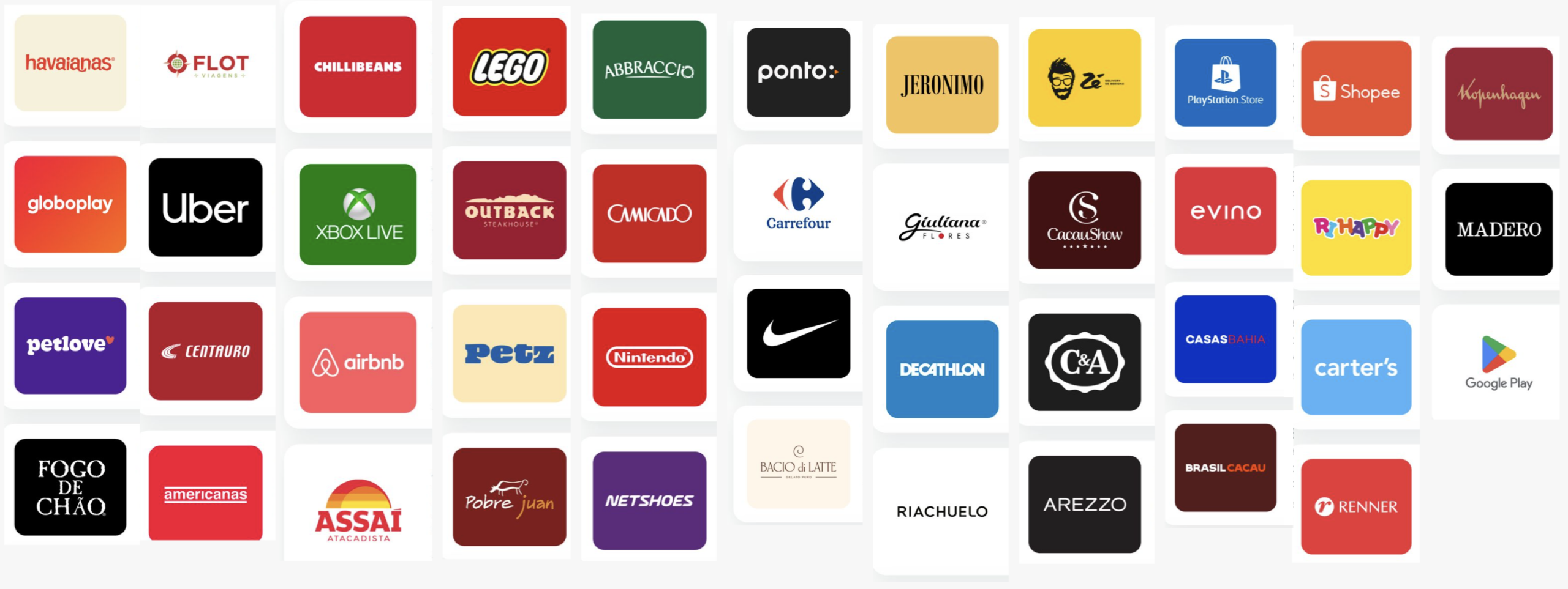 Lista de marcas parceiras de vale-compras na Gango, incluindo Nike, Decathlon, Carrefour, Uber, PlayStation e Airbnb
